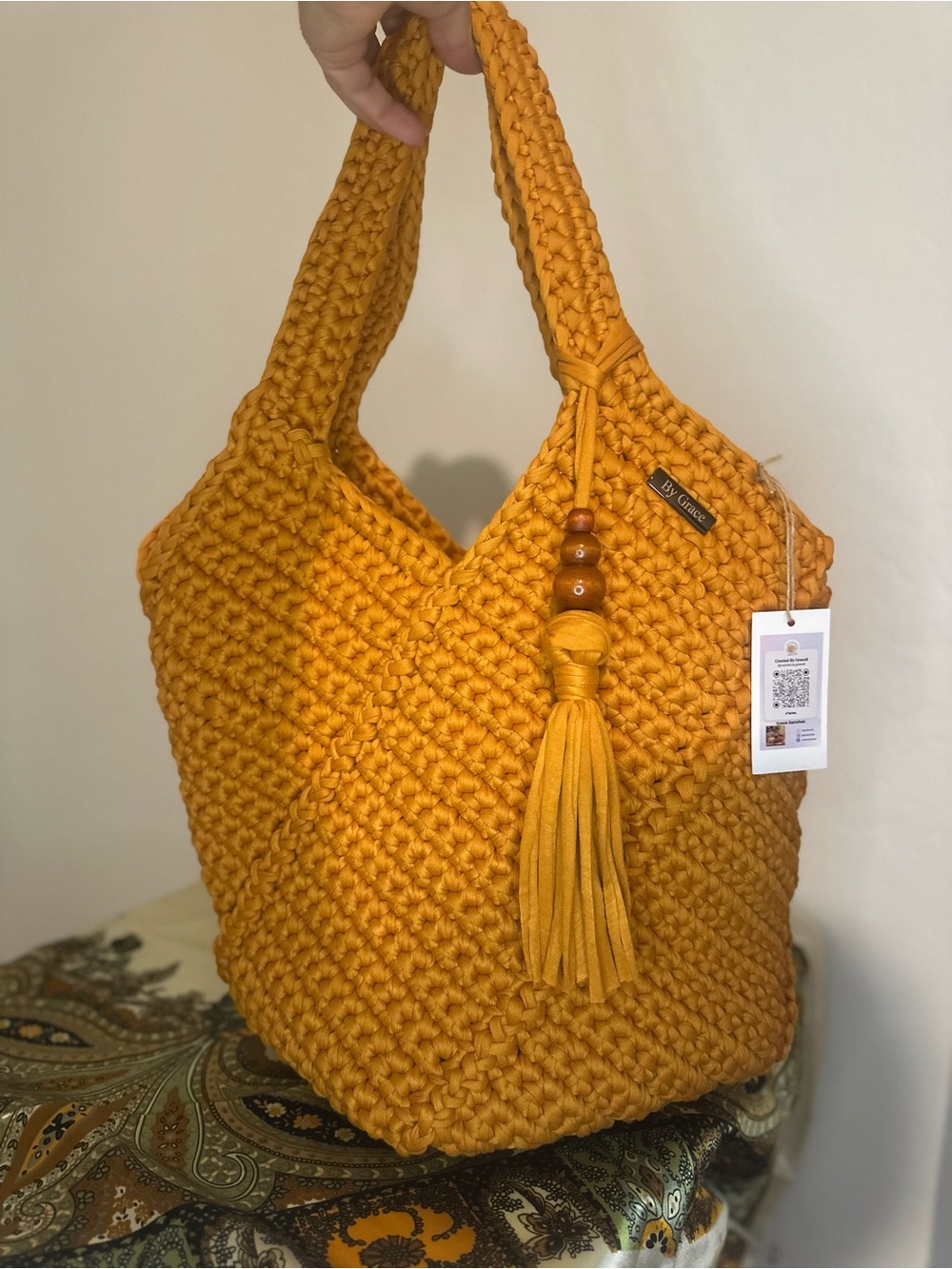 Handwoven Mustard Shoulder Bag with Decorative Tasse. Bag SIENNA